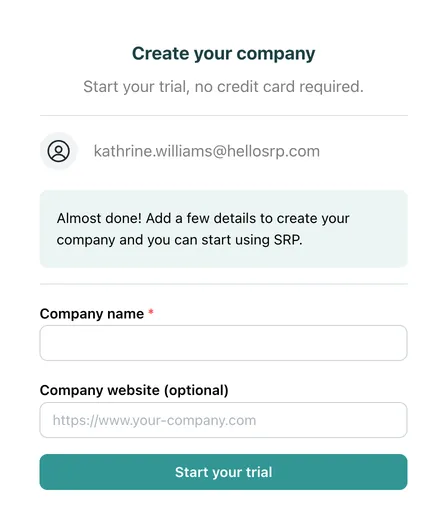 The company setup step: the signed-in email, a company name field and an optional company website