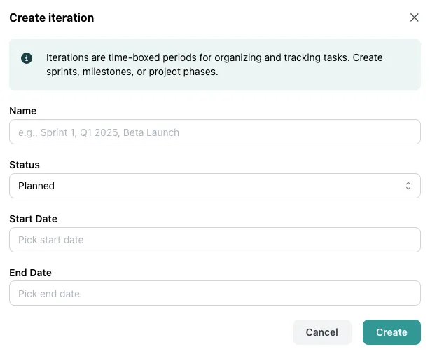 The Create iteration modal: name, status, start date and end date