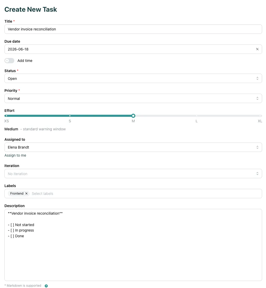 The Create New Task form: title, due date, status, priority, effort, assignee, iteration, labels and description