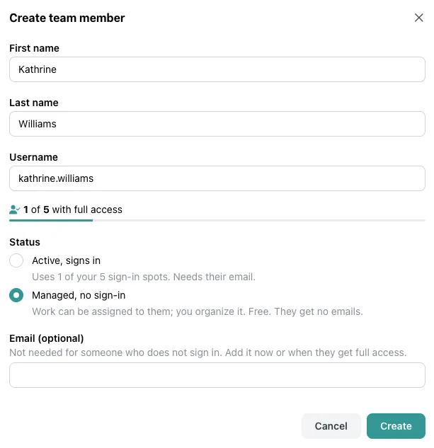 The Create team member form: first name, last name, username, a status choice between Active and Managed, and an optional email