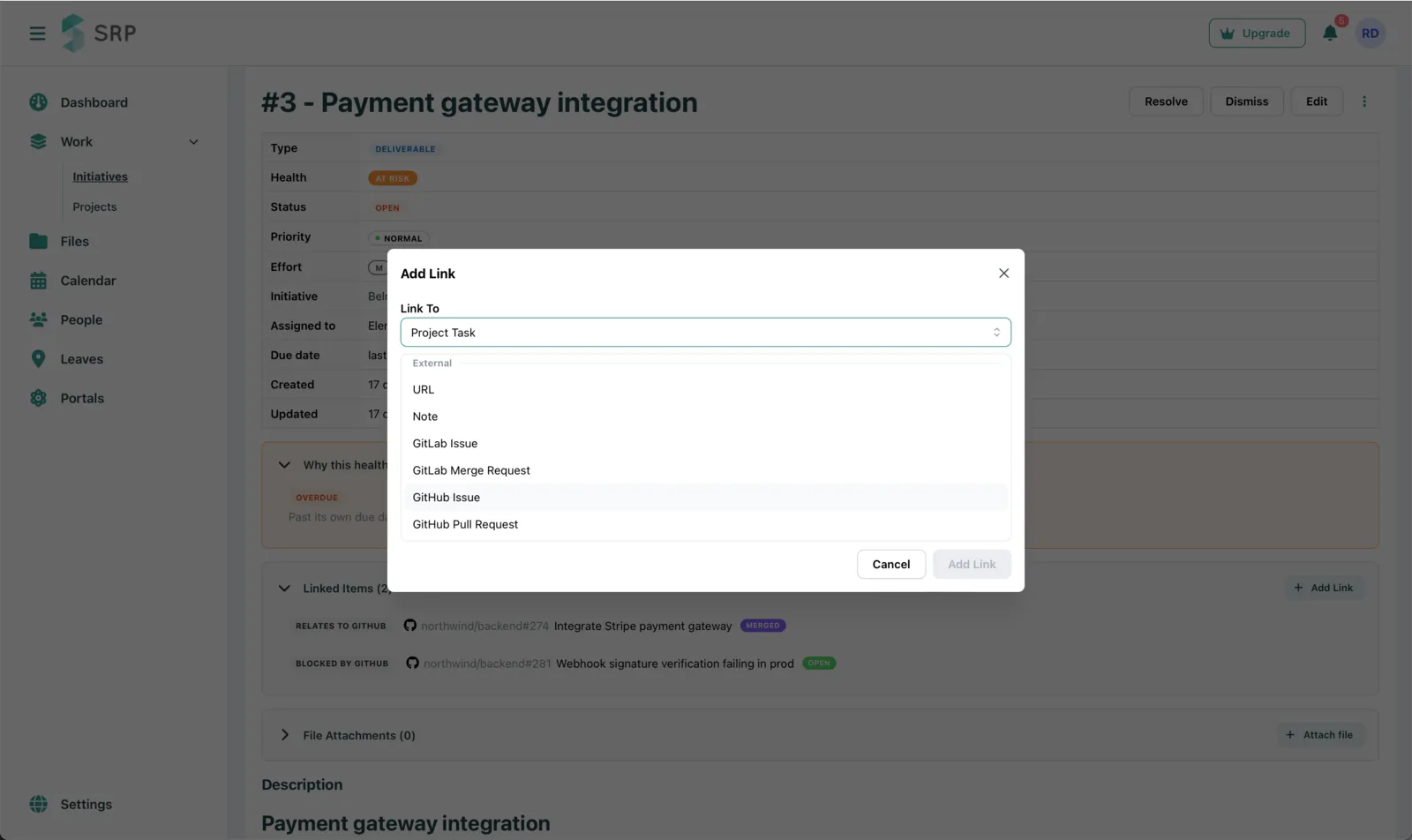 The Add Link modal with GitHub Issue and GitHub Pull Request