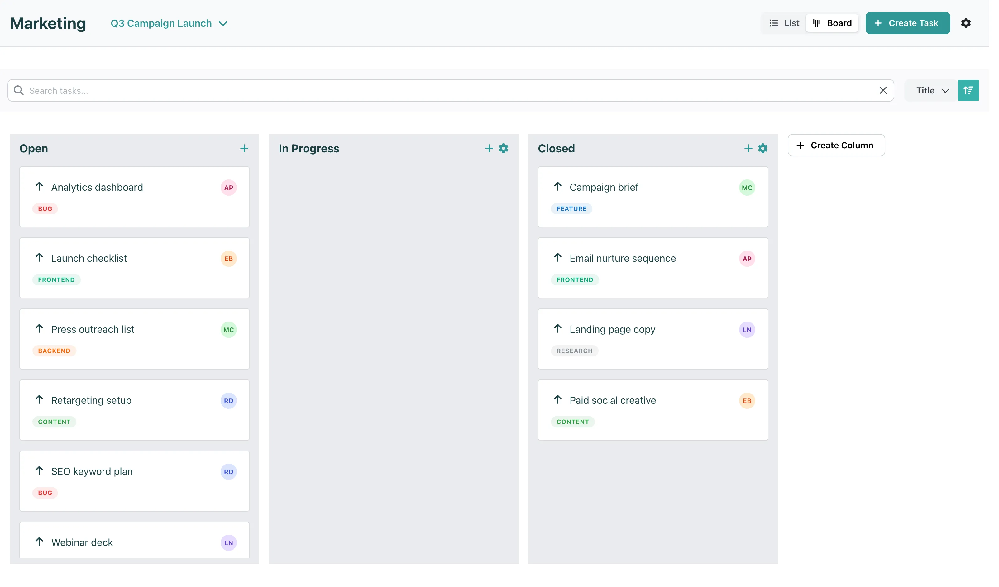 One project’s board filtered to an iteration, with Open, In Progress and Closed columns